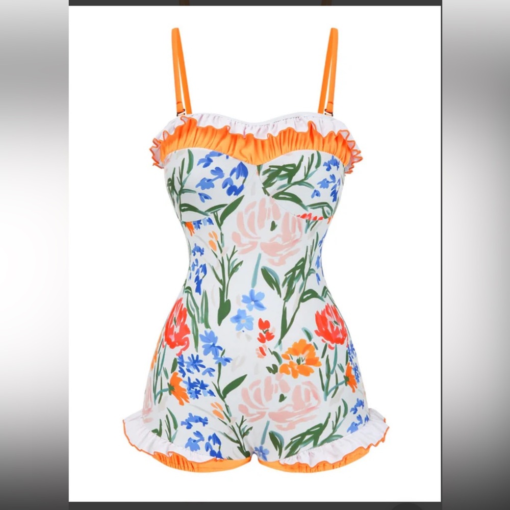 RETRO STAGE 1960S STYLE PAINTED FLORAL BANDEAU ONE-PIECE SWIMSUIT NEW NWT